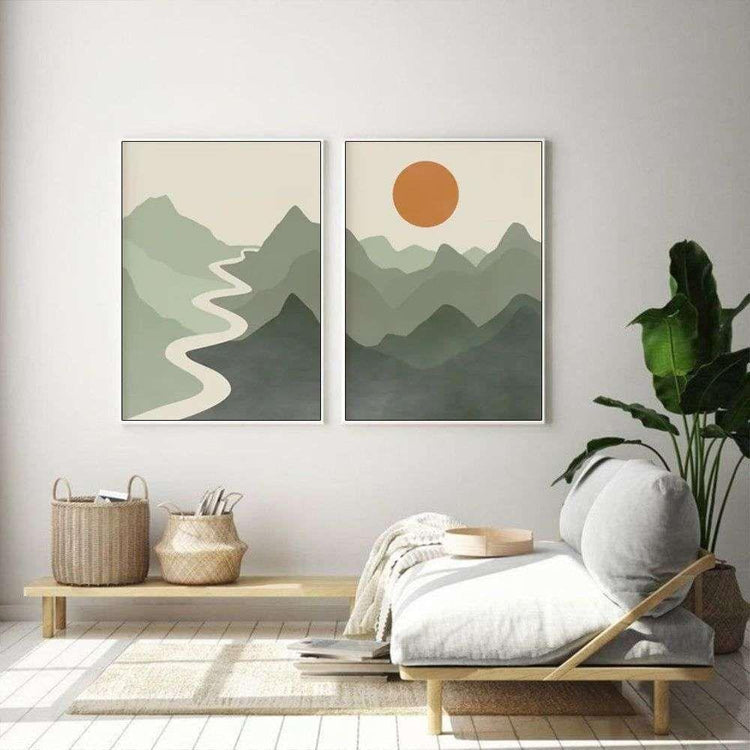 Wall Art 100cmx150cm Sage Green River Mountain 2 Sets White Frame Canvas - Magdasmall