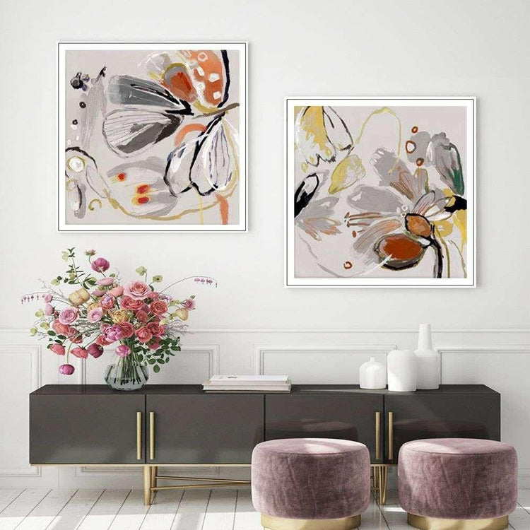 Wall Art 40cmx40cm Blooming Spring Floral 2 Sets White Frame Canvas - Magdasmall