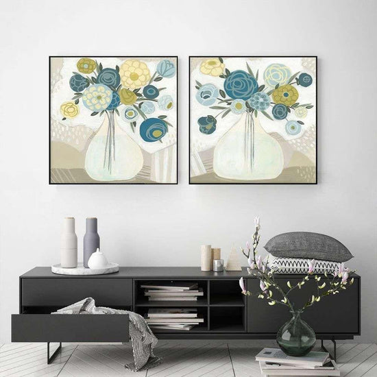 Wall Art 40cmx40cm Blue Bouquet 2 Sets Black Frame Canvas - Magdasmall