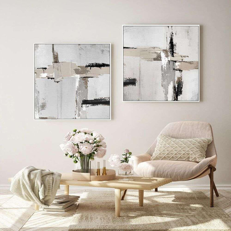 Wall Art 40cmx40cm Neutral Abstract 2 Sets White Frame Canvas - Magdasmall