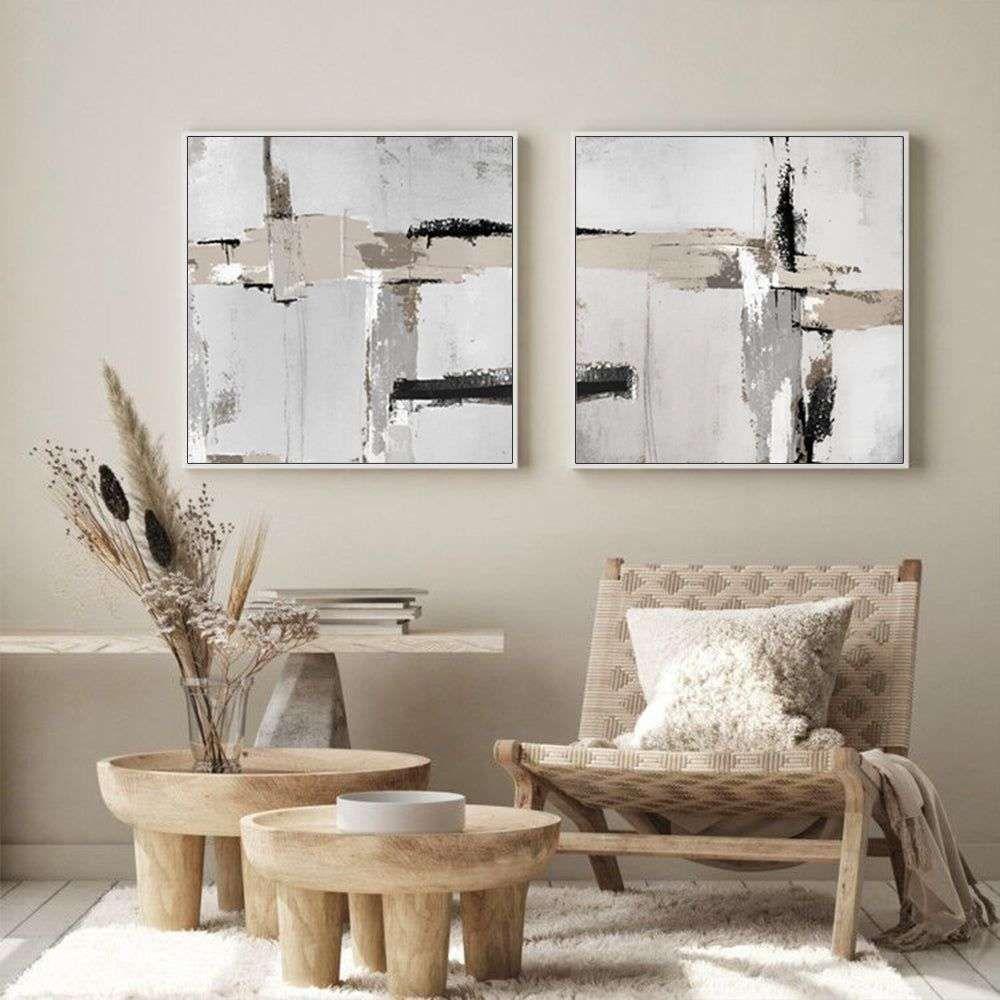 Wall Art 40cmx40cm Neutral Abstract 2 Sets White Frame Canvas - Magdasmall