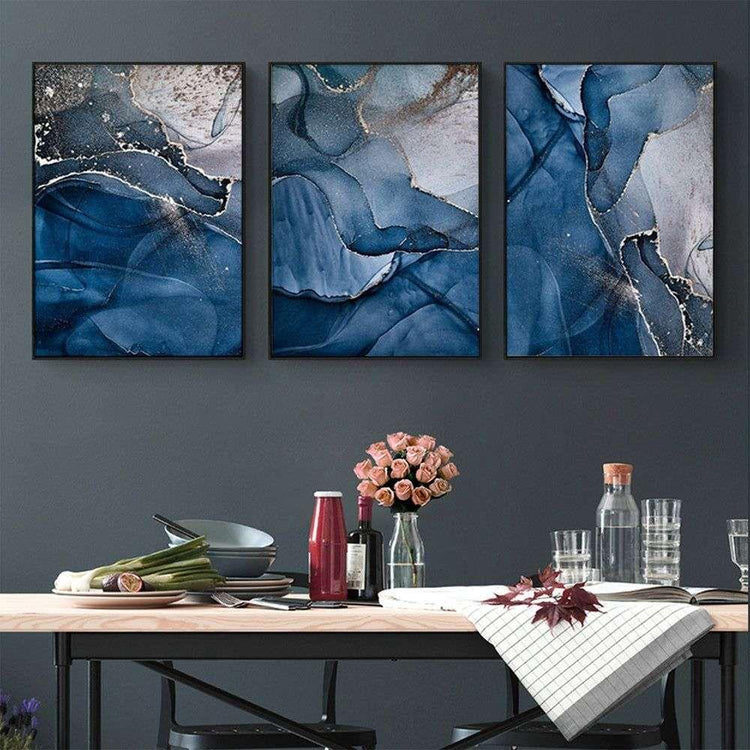 Wall Art 40cmx60cm Blue Gold Marble 3 Sets Black Frame Canvas - Magdasmall