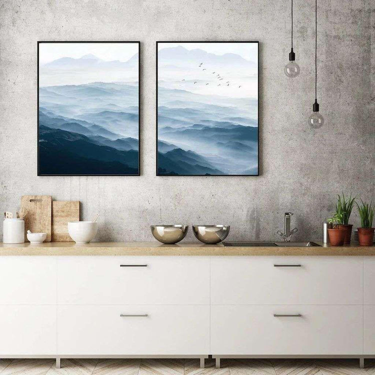 Wall Art 40cmx60cm Blue mountains 2 Sets Black Frame Canvas - Magdasmall