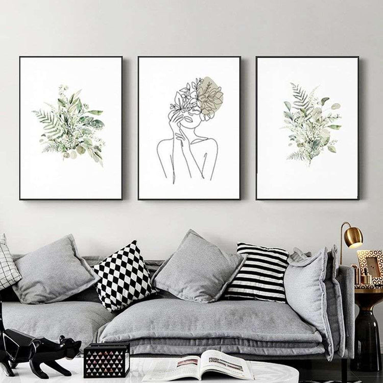 Wall Art 40cmx60cm Botanical Line Girl 3 Sets Black Frame Canvas - Magdasmall