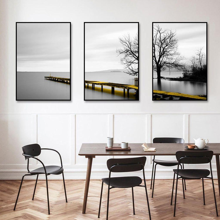 Wall Art 40cmx60cm Calm Lake Bridge Tree Scene 3 Sets Black Frame Canvas - Magdasmall