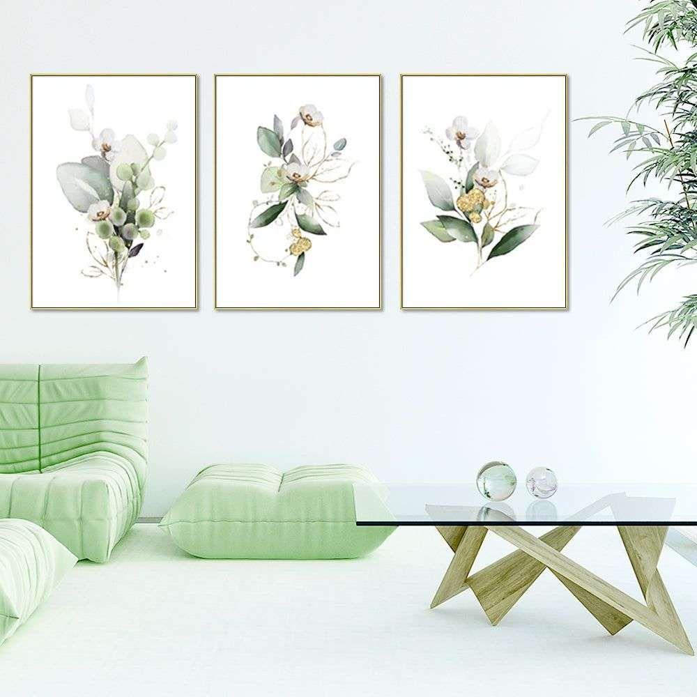 Wall Art 40cmx60cm Green and Gold Watercolor Botanical 3 Sets Gold Frame Canvas