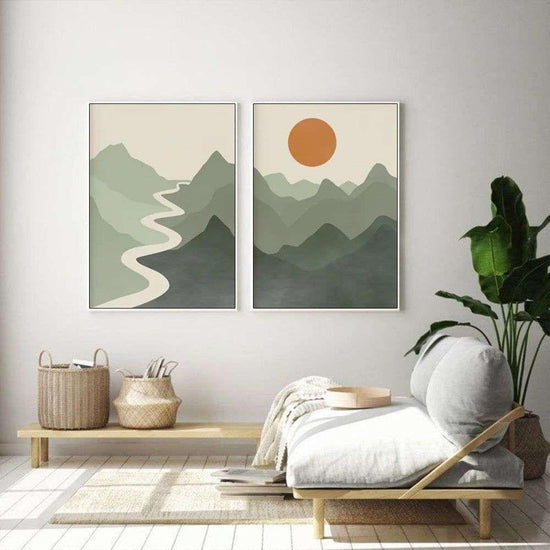 Wall Art 40cmx60cm Sage Green River Mountain 2 Sets White Frame Canvas - Magdasmall