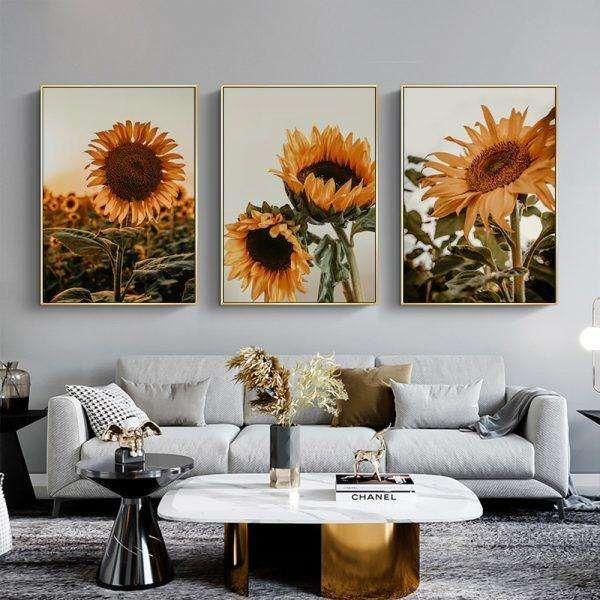 Wall Art 40cmx60cm Sunflower 3 Sets Gold Frame Canvas - Magdasmall