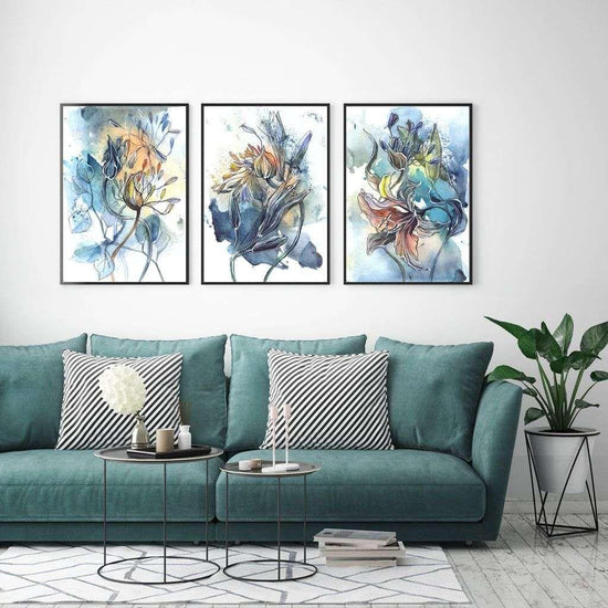 Wall Art 40cmx60cm Watercolor Style Abstract Flower 3 Sets Black Frame Canvas - Magdasmall