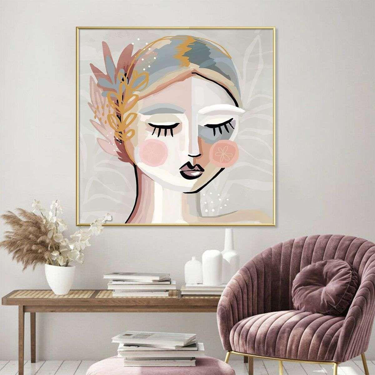 Wall Art 50cmx50cm Calm Girl Gold Frame Canvas - Magdasmall