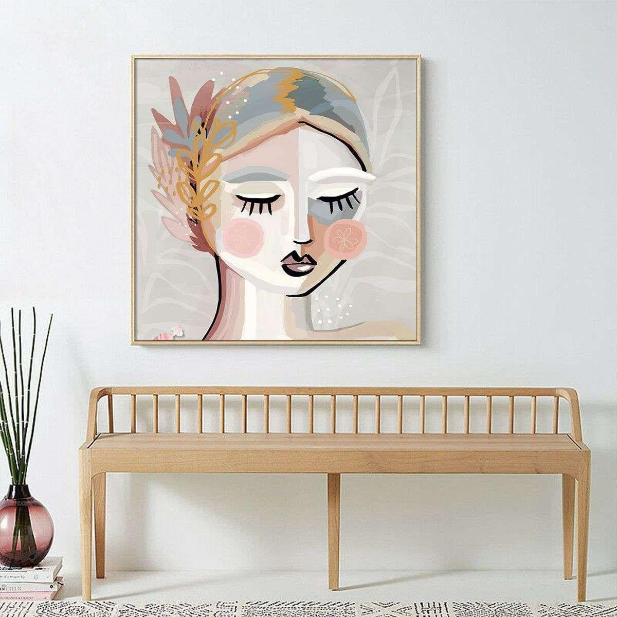 Wall Art 50cmx50cm Calm Girl Gold Frame Canvas - Magdasmall