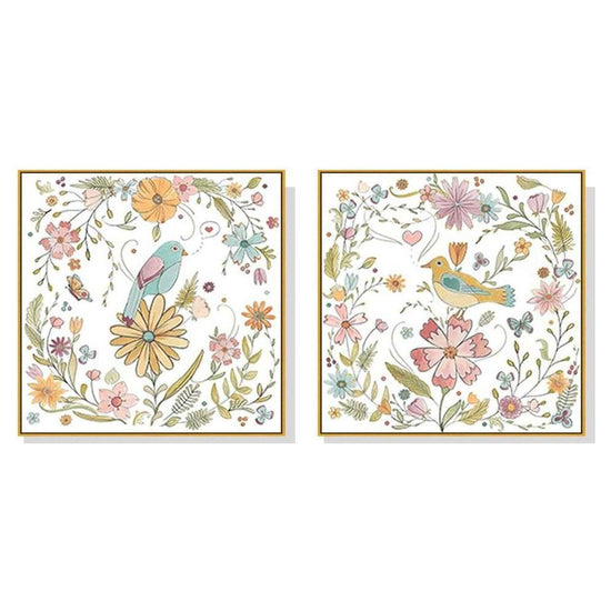 Wall Art 50cmx50cm Floral birds 2 Sets Gold Frame Canvas