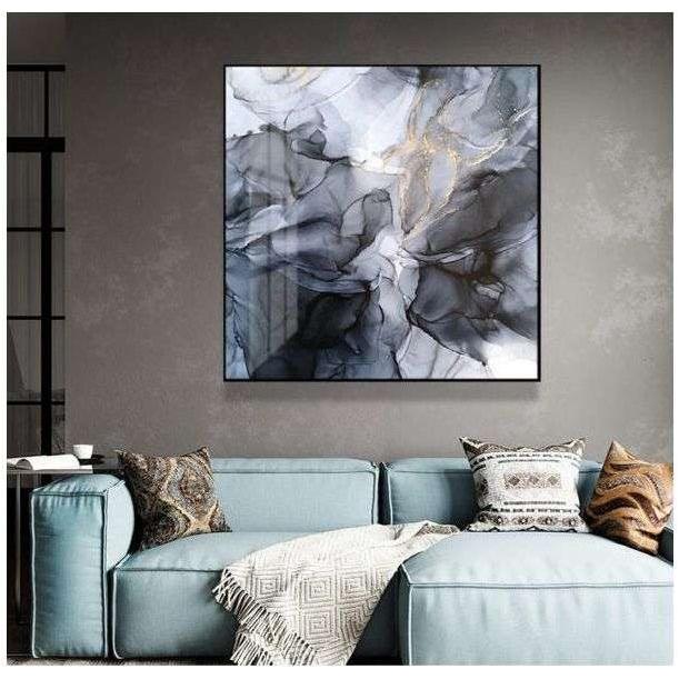 Wall Art 50cmx50cm Marbled Black Grey Black Frame Canvas