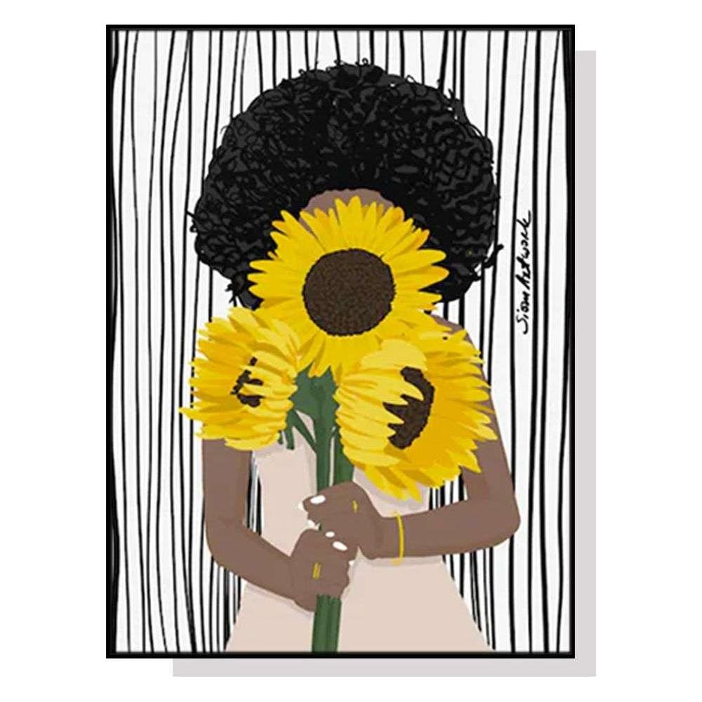 Wall Art 50cmx70cm African Woman Sunflower Black Frame Canvas