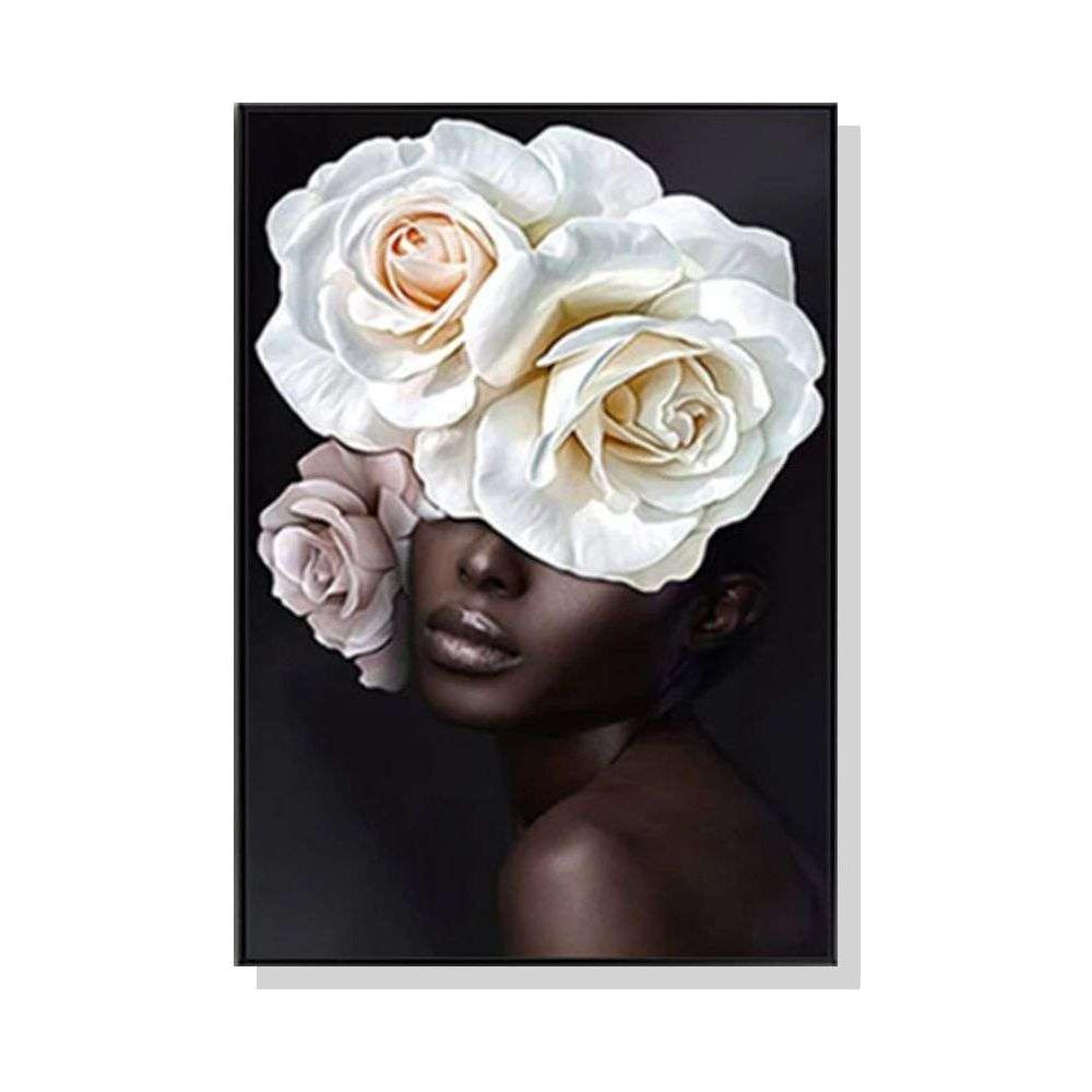 Wall Art 50cmx70cm Flower African Woman Black Frame Canvas - Magdasmall