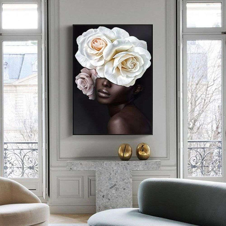 Wall Art 50cmx70cm Flower African Woman Black Frame Canvas - Magdasmall