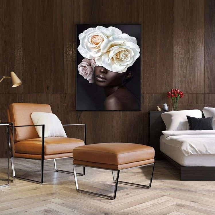 Wall Art 50cmx70cm Flower African Woman Black Frame Canvas - Magdasmall