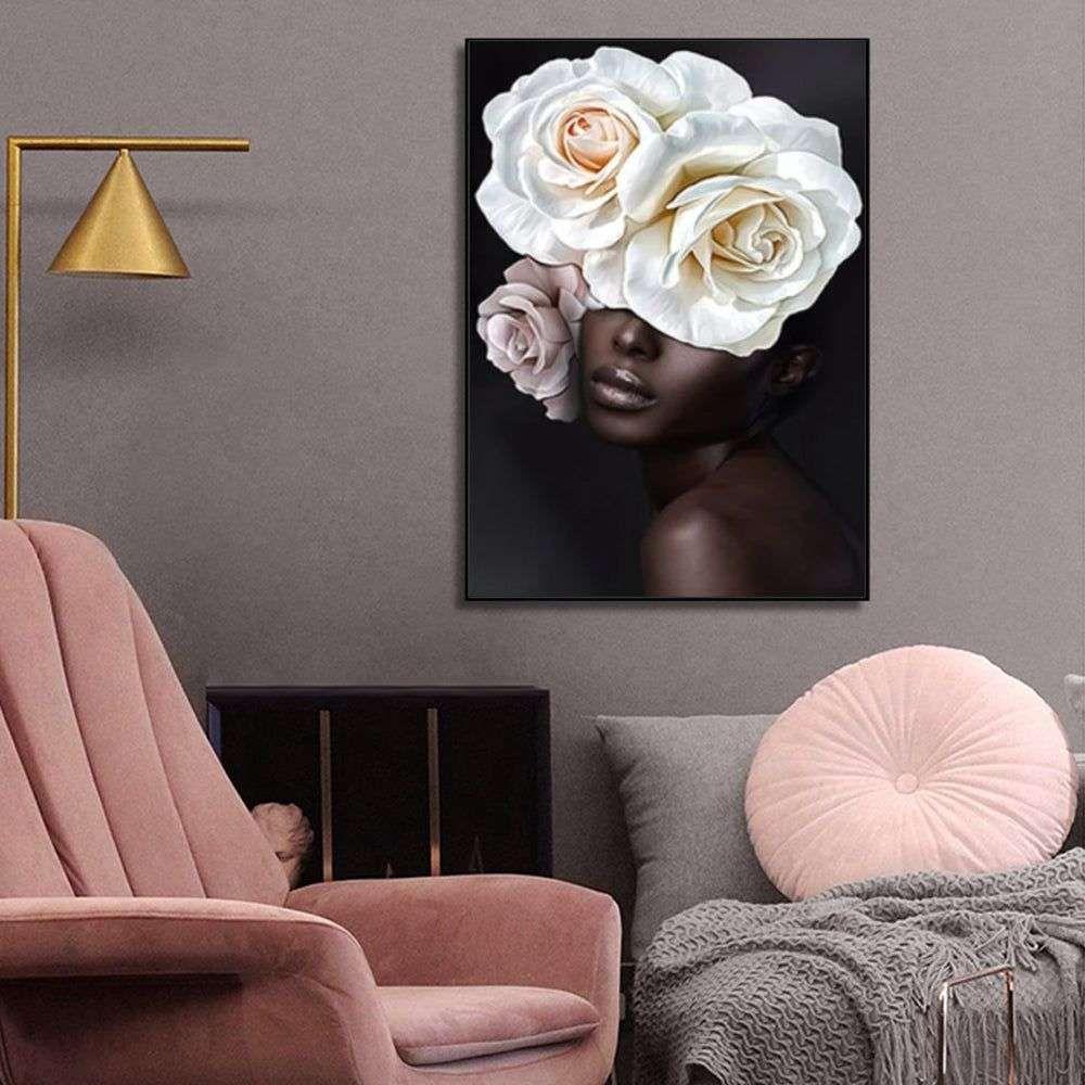 Wall Art 50cmx70cm Flower African Woman Black Frame Canvas - Magdasmall