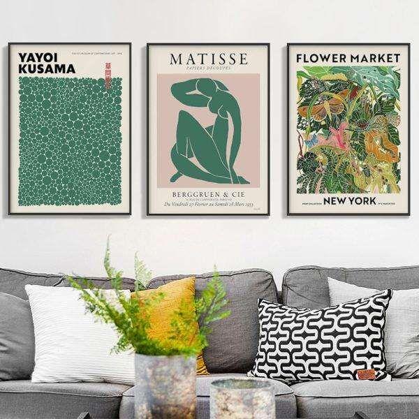 Wall Art 50cmx70cm Flower Market, Matisse Print, Yayoi Kusama 3 Sets Black Frame Canvas - Magdasmall