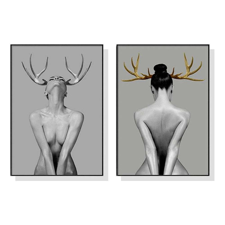 Wall Art 50cmx70cm Girl With Gold Horn 2 Sets Black Frame Canvas - Magdasmall