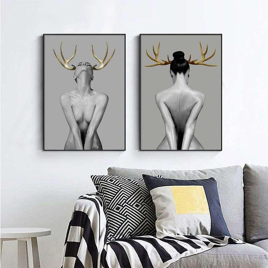 Wall Art 50cmx70cm Girl With Gold Horn 2 Sets Black Frame Canvas - Magdasmall