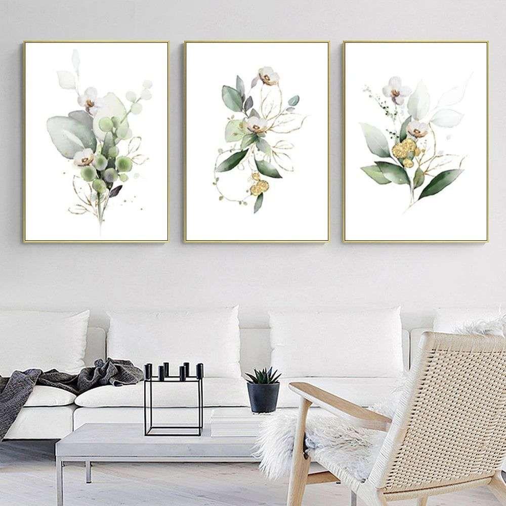 Wall Art 50cmx70cm Green and Gold Watercolor Botanical 3 Sets Gold Frame Canvas - Magdasmall