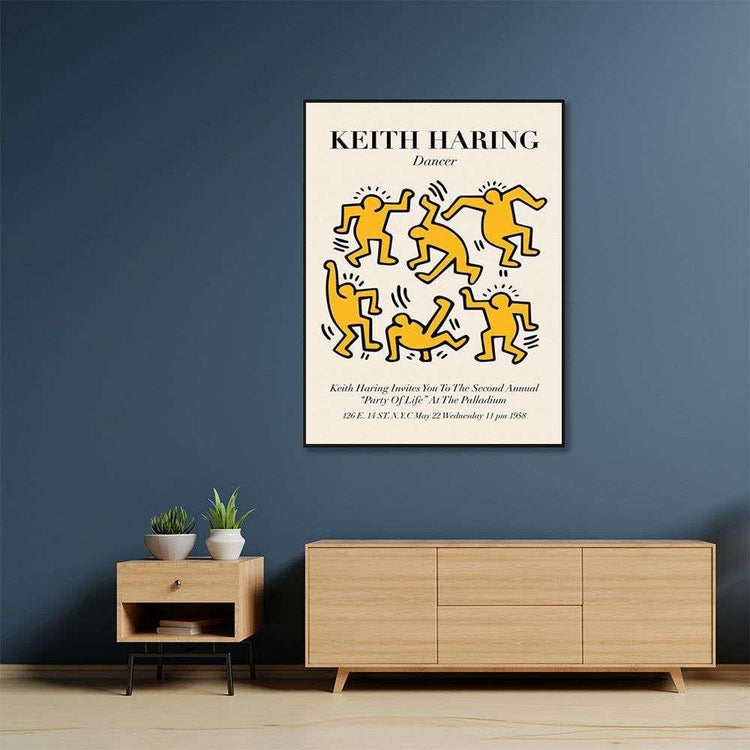 Wall Art 50cmx70cm Keith Haring Dancer Yellow Black Frame Canvas - Magdasmall