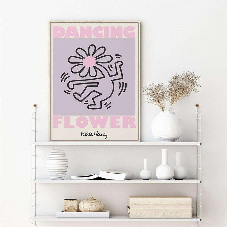 Wall Art 50cmx70cm Keith Haring Dancing Flower Wood Frame Canvas - Magdasmall