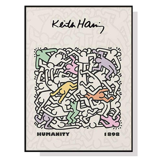 Wall Art 50cmx70cm Keith Haring Humanity Black Frame Canvas - Magdasmall