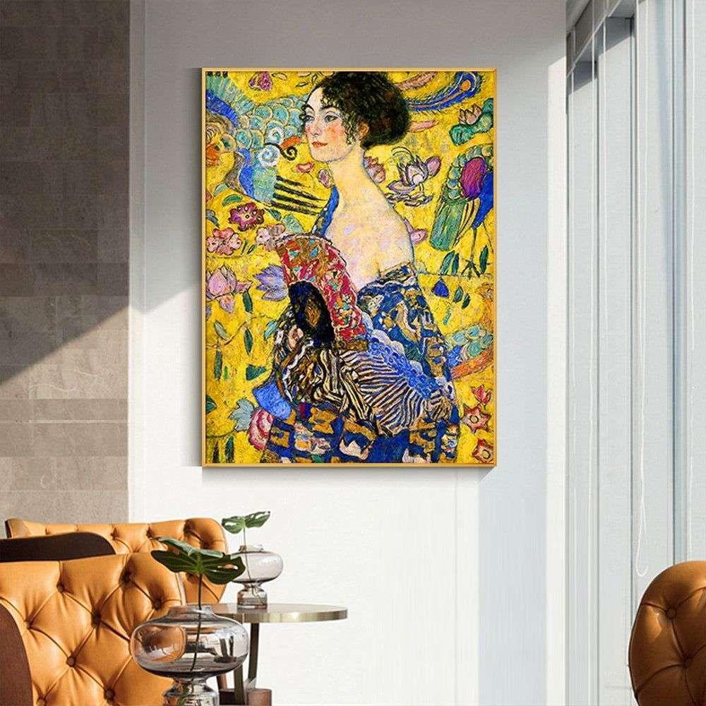 Wall Art 50cmx70cm Lady With A fan By Klimt Gold Frame Canvas - Magdasmall