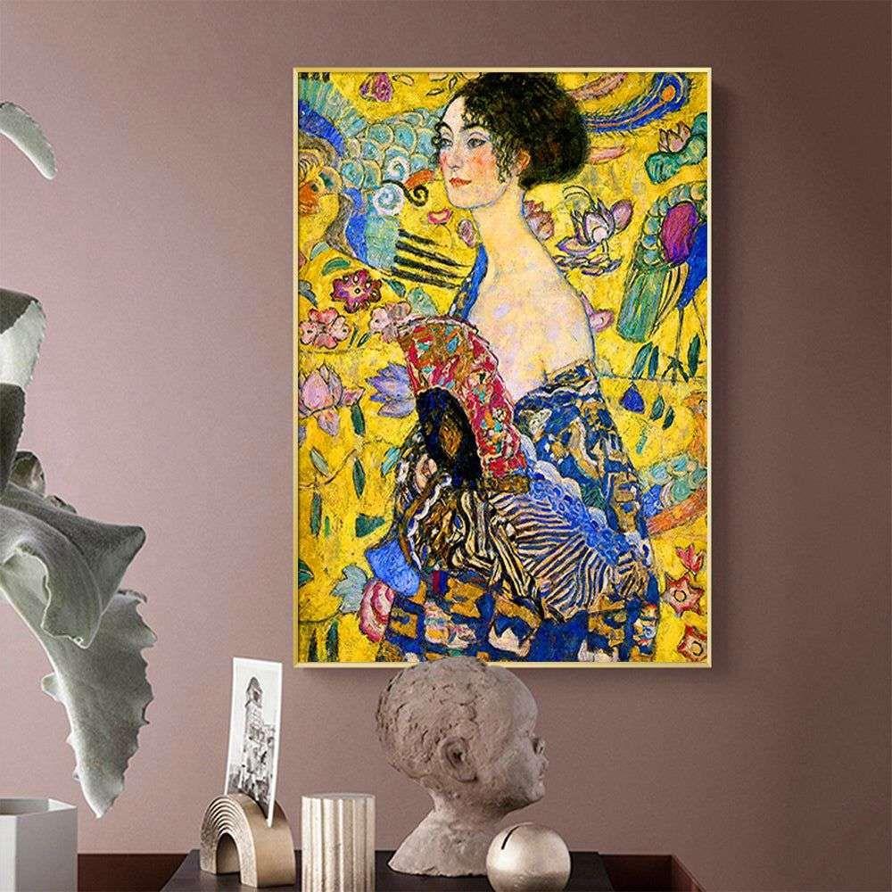 Wall Art 50cmx70cm Lady With A fan By Klimt Gold Frame Canvas - Magdasmall