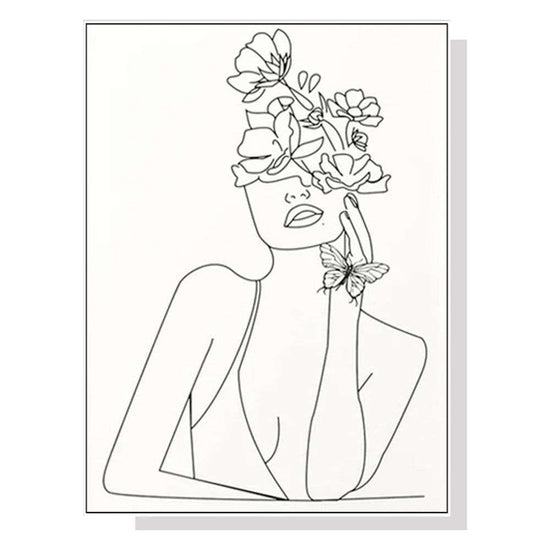 Wall Art 50cmx70cm Line Art Girl White Frame Canvas - Magdasmall