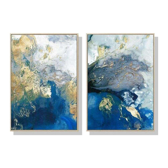 Wall Art 50cmx70cm Marbled Blue And Gold 2 Sets Gold Frame Canvas - Magdasmall