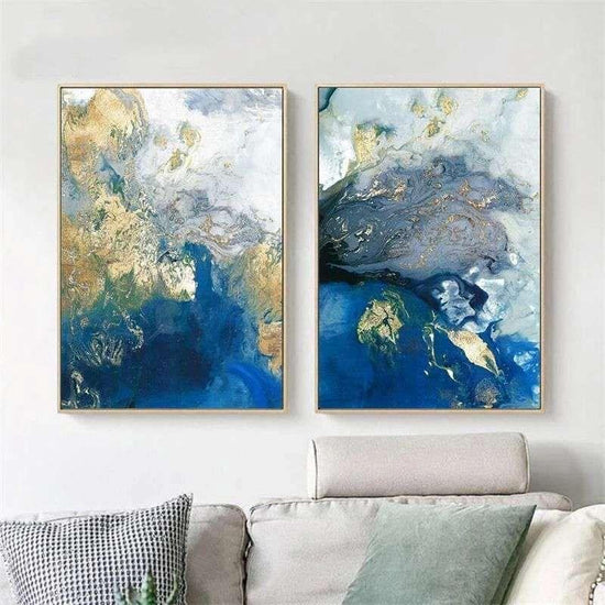 Wall Art 50cmx70cm Marbled Blue And Gold 2 Sets Gold Frame Canvas - Magdasmall