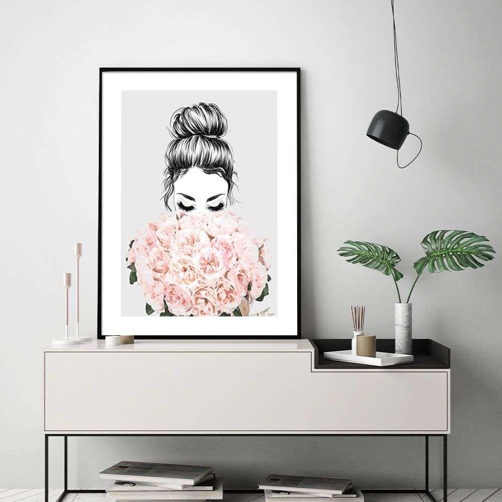 Wall Art 50cmx70cm Roses Girl Black Frame Canvas - Magdasmall