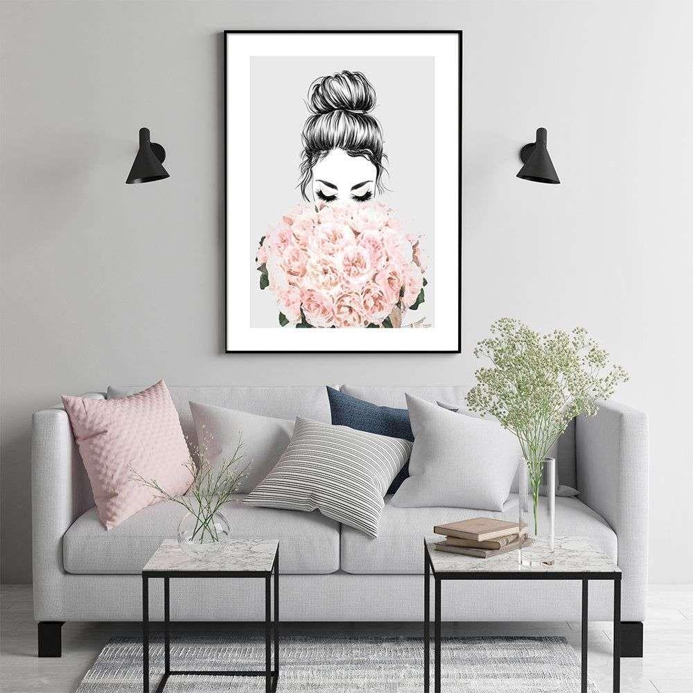 Wall Art 50cmx70cm Roses Girl Black Frame Canvas - Magdasmall