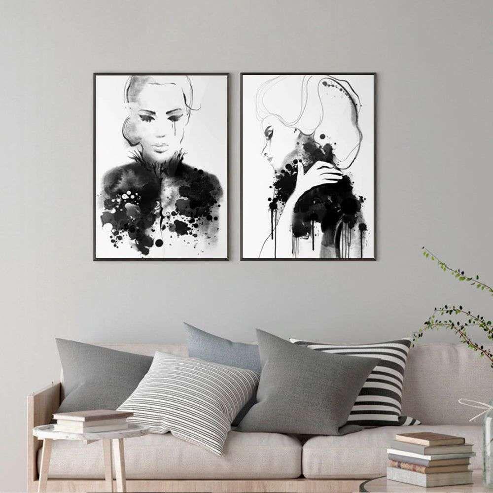 Wall Art 50cmx70cm Watercolor Sketch 2 Sets Black Frame Canvas - Magdasmall