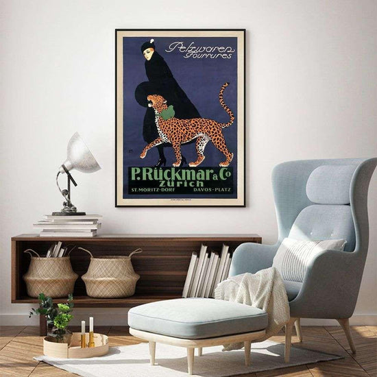 Wall Art 50cmx70cm Woman Walking Leopard Vintage Black Frame Canvas - Magdasmall