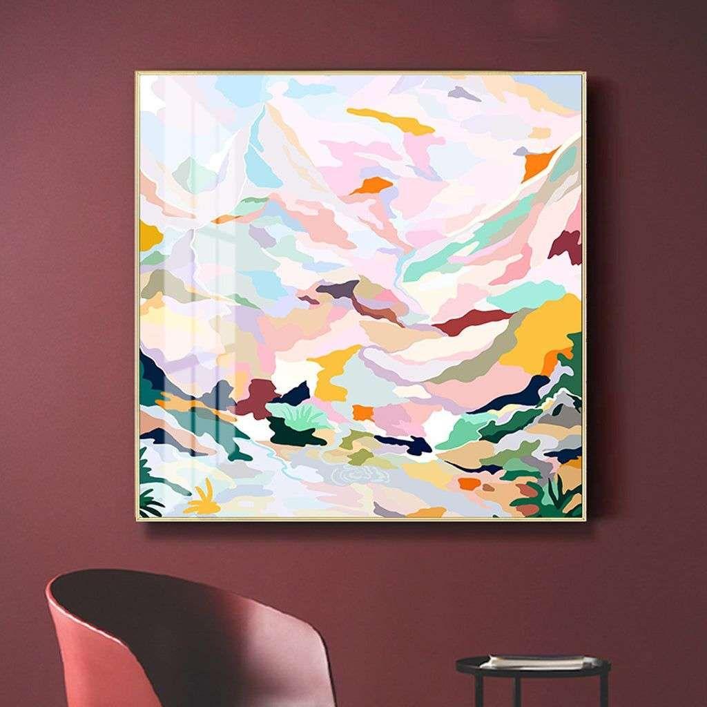 Wall Art 60cmx60cm Abstract Pink Mountain Hand Painted Style Gold Frame Canvas - Magdasmall