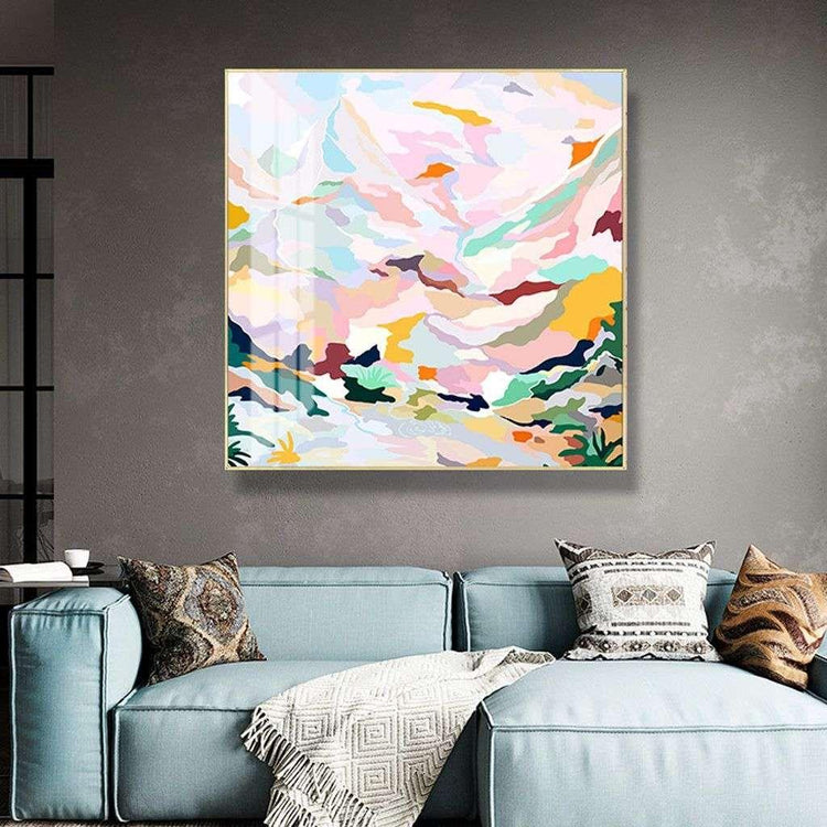 Wall Art 60cmx60cm Abstract Pink Mountain Hand Painted Style Gold Frame Canvas - Magdasmall