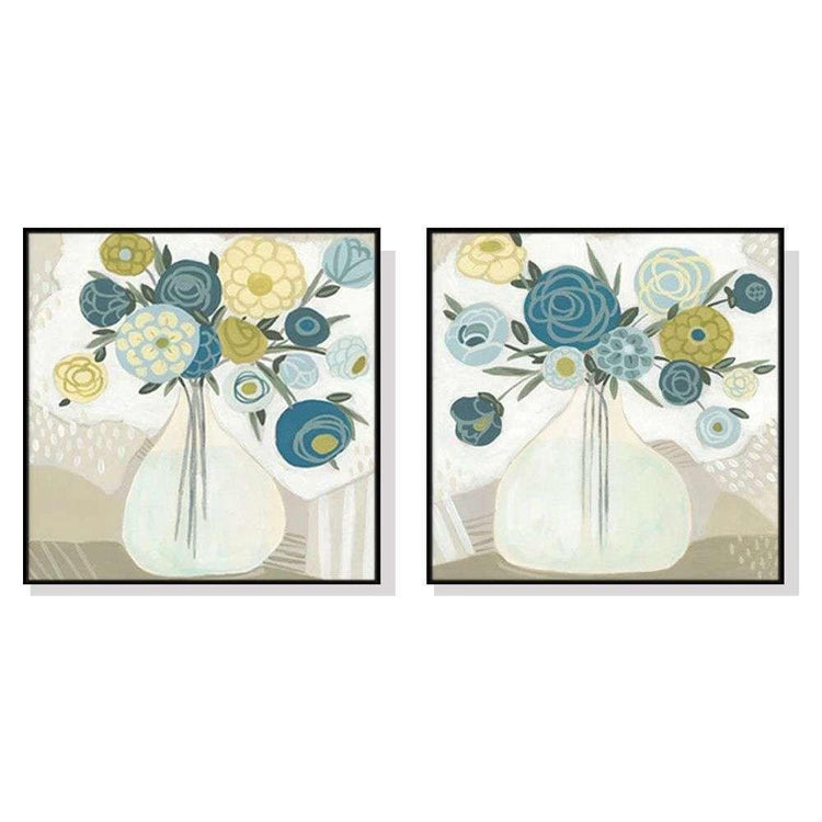 Wall Art 60cmx60cm Blue Bouquet 2 Sets Black Frame Canvas