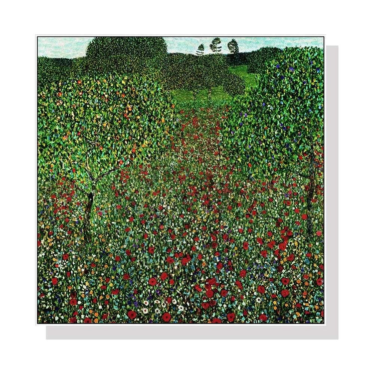 Wall Art 60cmx60cm Field of Poppies by Gustav Klimt White Frame Canvas - Magdasmall