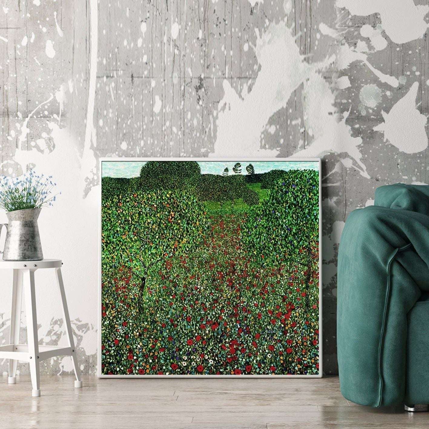 Wall Art 60cmx60cm Field of Poppies by Gustav Klimt White Frame Canvas - Magdasmall