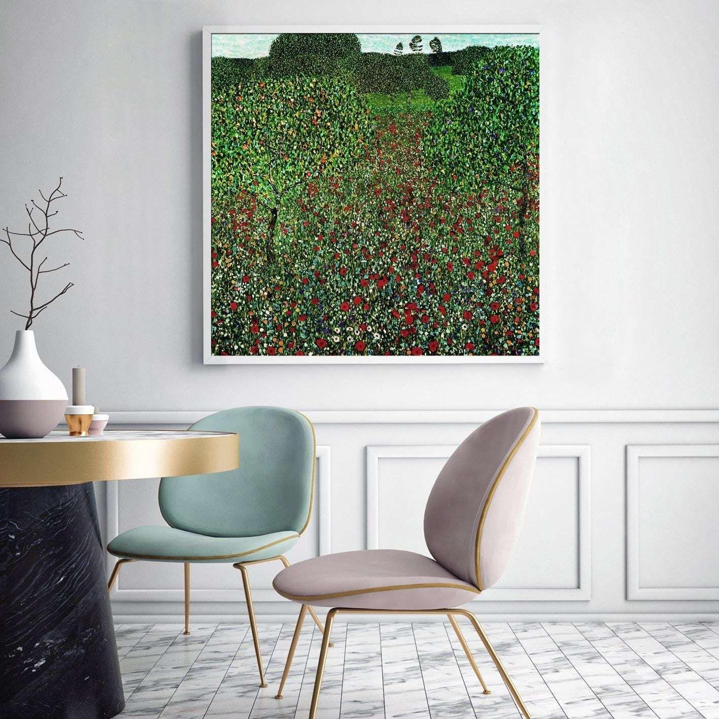 Wall Art 60cmx60cm Field of Poppies by Gustav Klimt White Frame Canvas - Magdasmall