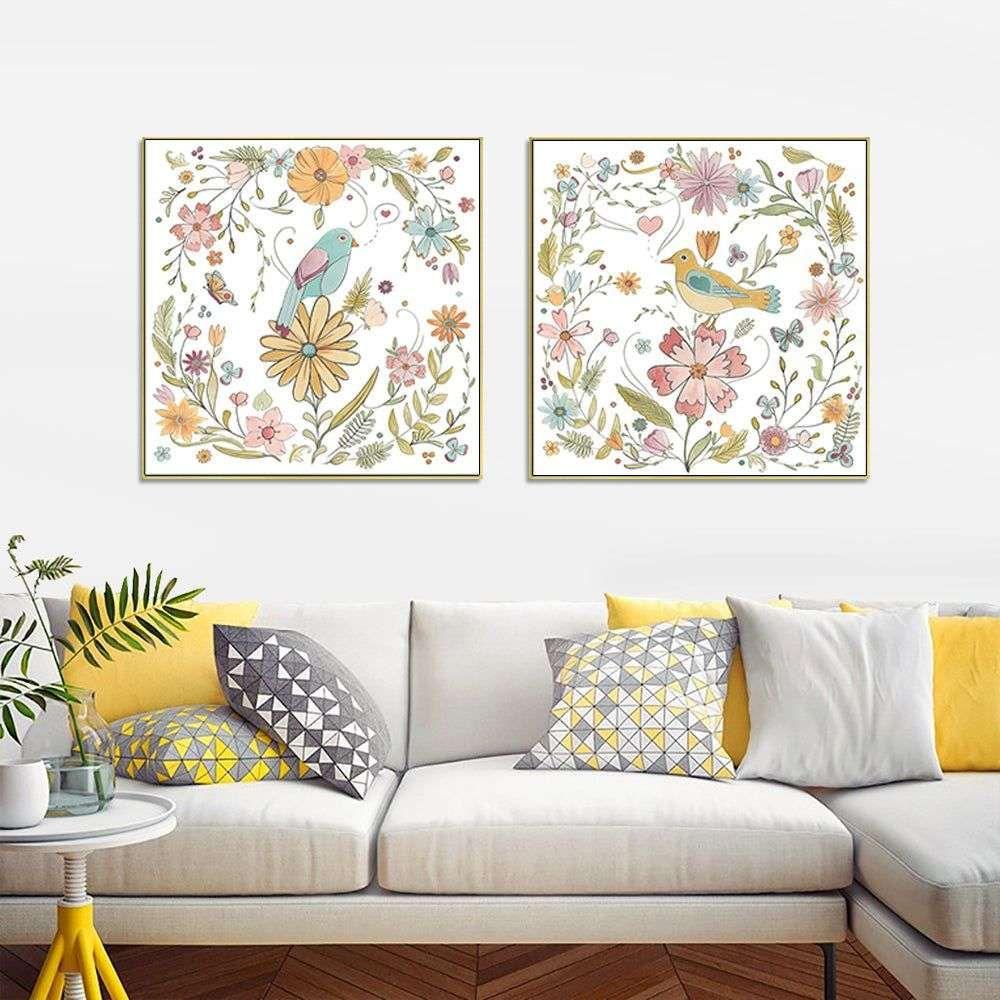 Wall Art 60cmx60cm Floral birds 2 Sets Gold Frame Canvas - Magdasmall