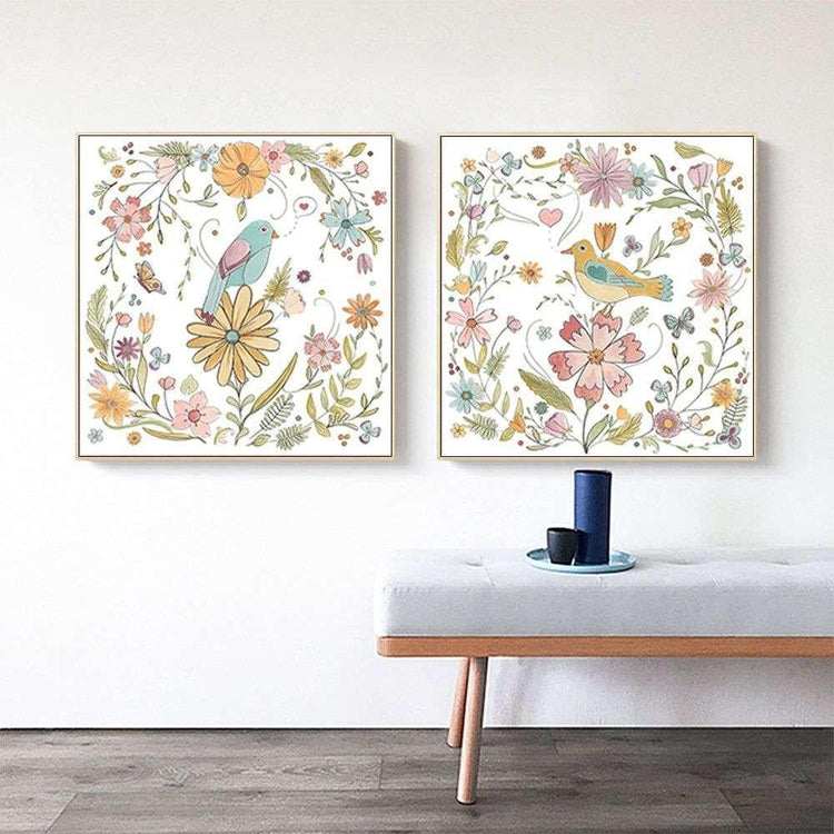 Wall Art 60cmx60cm Floral birds 2 Sets Gold Frame Canvas - Magdasmall