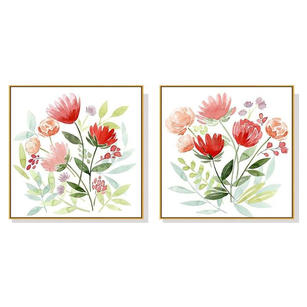 Wall Art 60cmx60cm Florals 2 Sets Gold Frame Canvas - Magdasmall