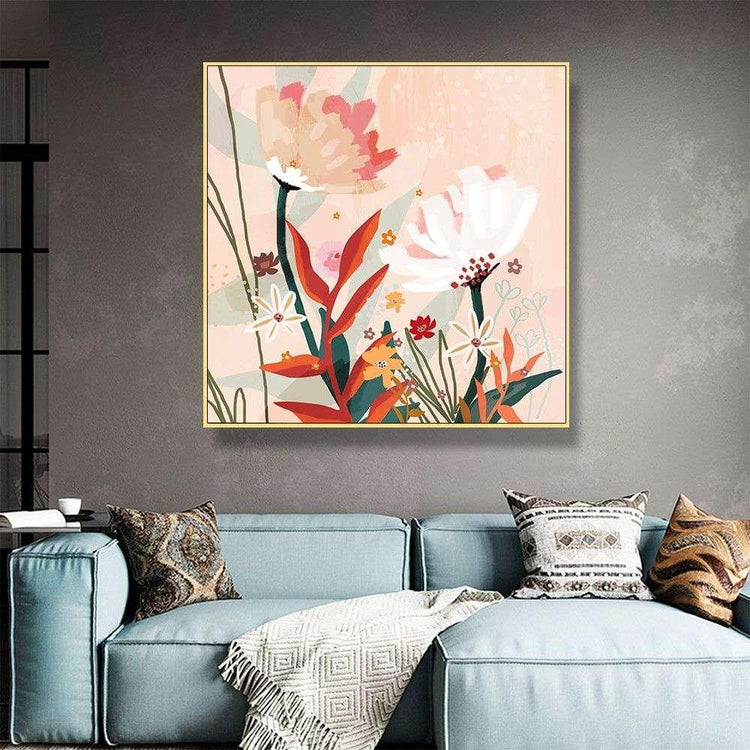 Wall Art 60cmx60cm Native Floral Gold Frame Canvas - Magdasmall