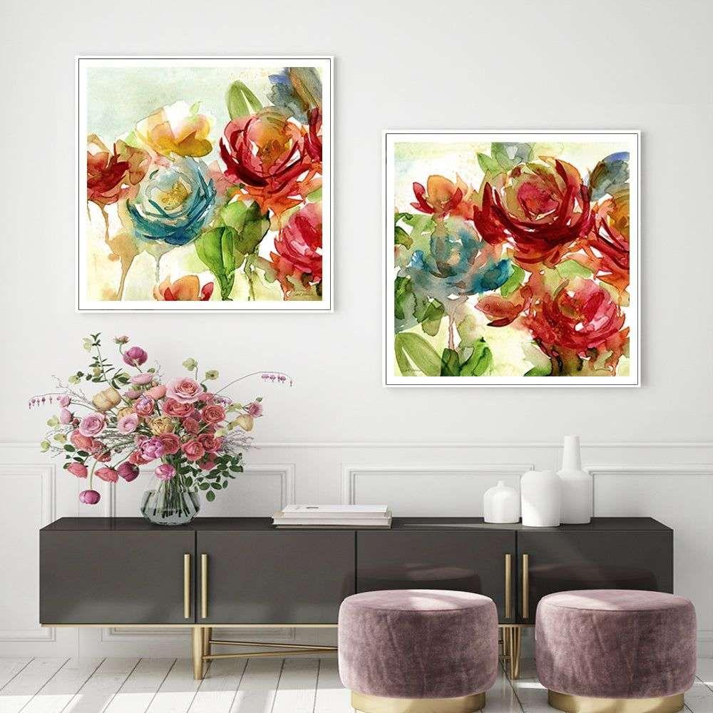 Wall Art 60cmx60cm Rosewater Garden By Carol Robinson 2 Sets White Frame Canvas - Magdasmall