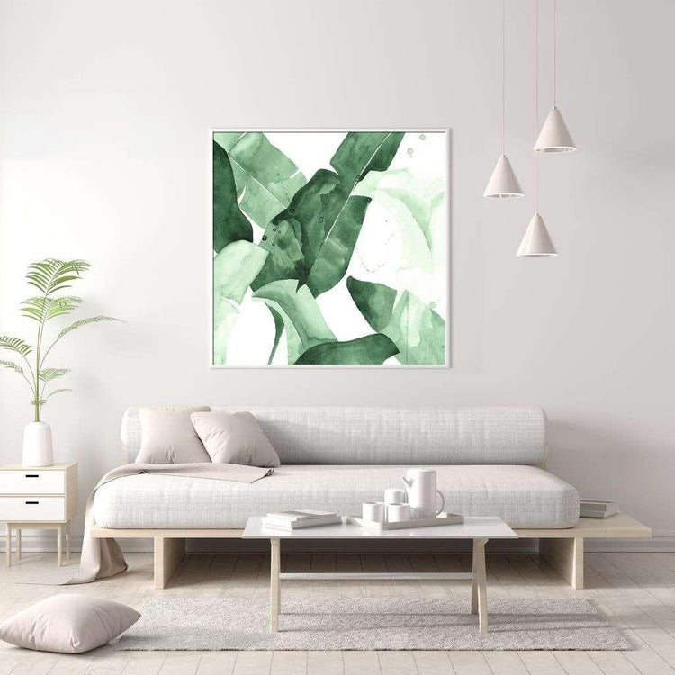 Wall Art 60cmx60cm Tropical Leaves Square Size White Frame Canvas - Magdasmall